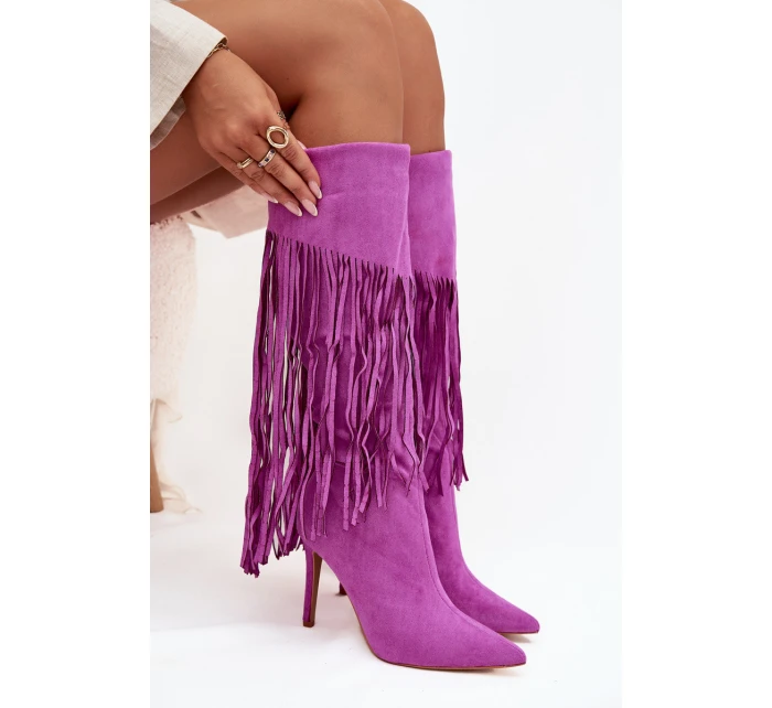 Dámské kozačky na jehlovém podpatku s třásněmi fialové Isalune Dámské kozačky na jehlovém podpatku s třásněmi fialové Isalune