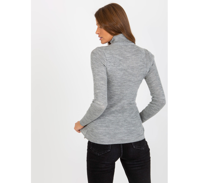 Dámský šedý pruhovaný svetr s melanžovým rolákem