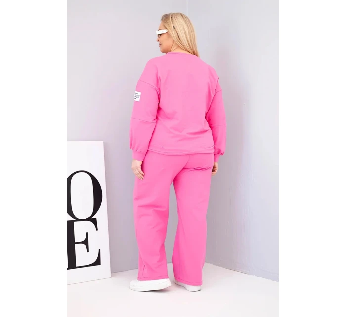 Dámský komplet Plus Size bavlněný s volnou mikinou a kalhotami s širokou nohavicí růžový