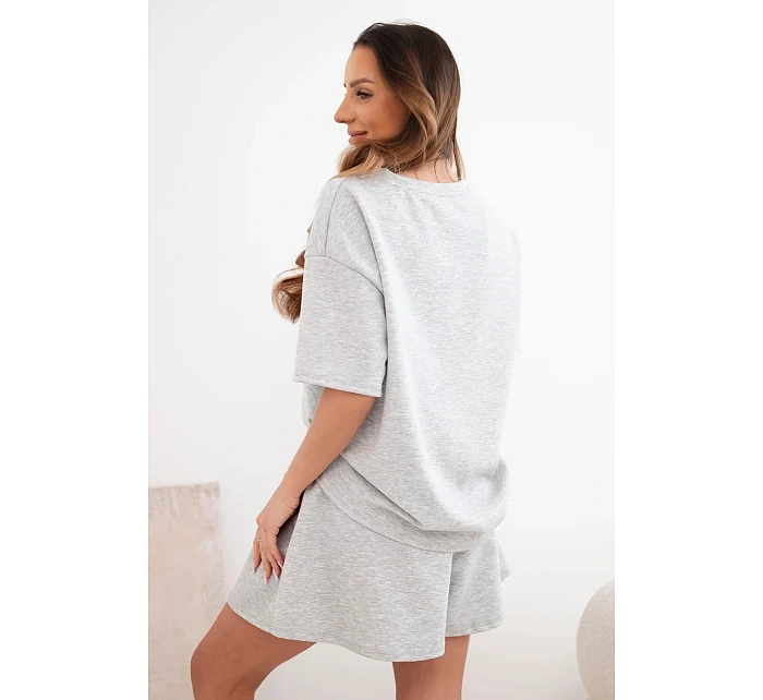 Dámský viskózový máslový komplet s krátkým rukávem a šortky s vysokým pasem šedý melanž