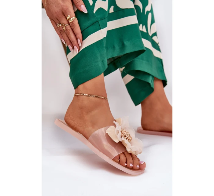 Průhledné Ploché Dámské Pantofle Se Syntetickým Květinou Nuda Vobetta Průhledné Ploché Dámské Pantofle Se Syntetickým Květinou Nuda Vobetta