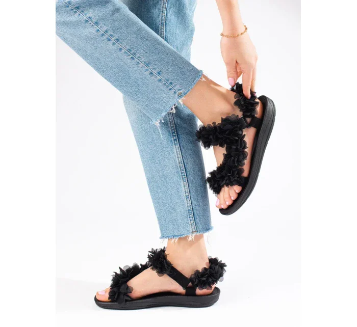 Stylové černé  sandály dámské bez podpatku