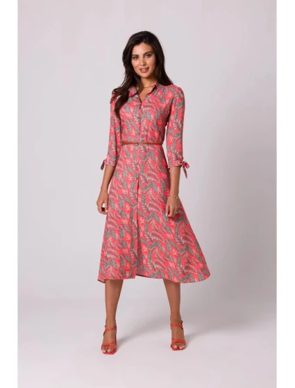 Dámské košilové šaty na knoflíky model 1 model 20328055 Tmavě oranžová se zelenou vzor - BeWear Dámské košilové šaty na knoflíky model 1 model 20328055 Tmavě oranžová se zelenou vzor - BeWear