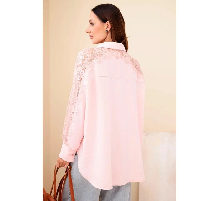 Dámská viskózová košile s krajkovými rukávy a límečkem pudrově růžová