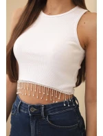 Dámský krátký žebrovaný top z bavlny s ozdobnými třásněmi bílá