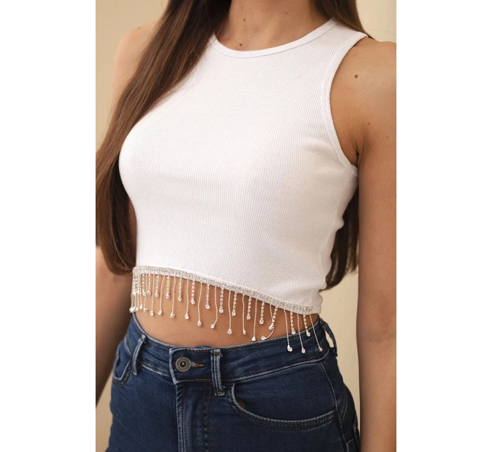 Dámský krátký žebrovaný top z bavlny s ozdobnými třásněmi bílá