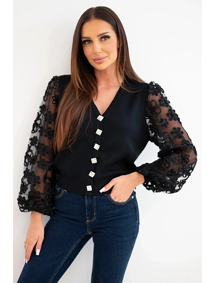 Dámský model 22294834 top s krajkovými rukávy a ozdobnými knoflíky černá - K-Fashion