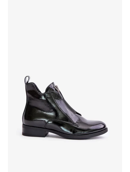 Lakované Nízké Dámské Kotníkové Boty Na Plochém Podpatku Zateplené Černé S.Barski Černé Lakované Nízké Dámské Kotníkové Boty Na Plochém Podpatku Zateplené Černé S.Barski Černé