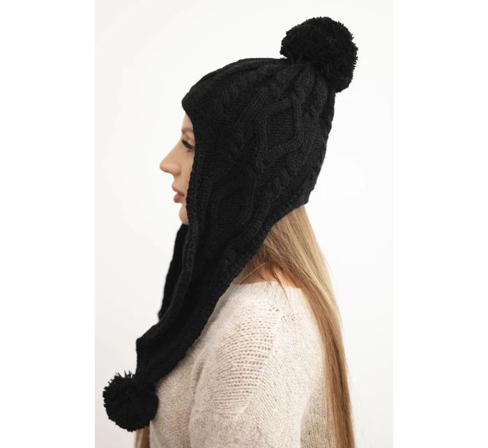 Dámská zimní pletená čepice s bambulemi a prodlouženými boky K448 černá