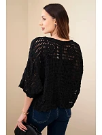 Dámský bavlněný ažurový svetr zapínaný na knoflíky s krátkým rukávem černý