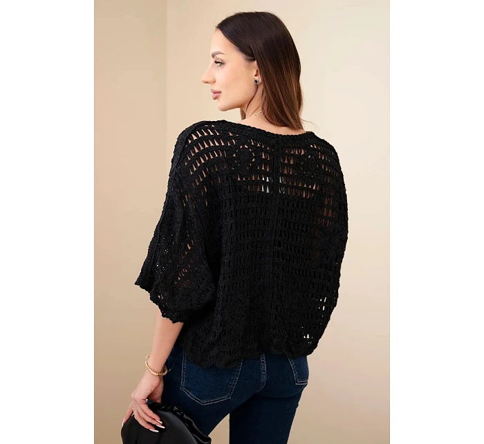 Dámský bavlněný ažurový svetr zapínaný na knoflíky s krátkým rukávem černý
