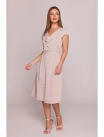 S411 Šaty bez rukávů s volánkovým výstřihem - béžové S411 Šaty bez rukávů s volánkovým výstřihem - béžové