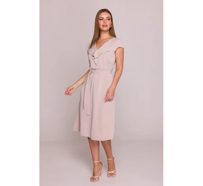 S411 Šaty bez rukávů s volánkovým výstřihem - béžové S411 Šaty bez rukávů s volánkovým výstřihem - béžové