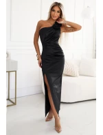 dlouhé saténové šaty na jedno rameno s růžemi černé model 21725733 - numoco basic