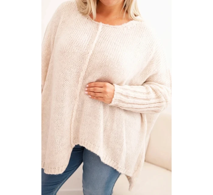 Dámský svetr Plus Size z model 21259040 volného střihu s rukávem 3/4 béžový - K-Fashion