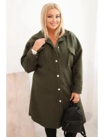 Dámský kabát Plus Size s vlnou na knoflíky s kapsami a límcem khaki