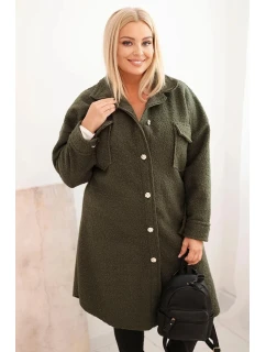 Dámský kabát Plus Size s vlnou na knoflíky s kapsami a límcem khaki
