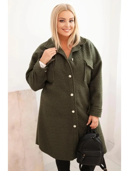 Dámský kabát Plus Size s vlnou na knoflíky s kapsami a límcem khaki