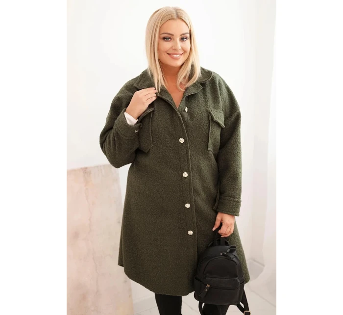 Dámský kabát Plus Size s vlnou na knoflíky s kapsami a límcem khaki
