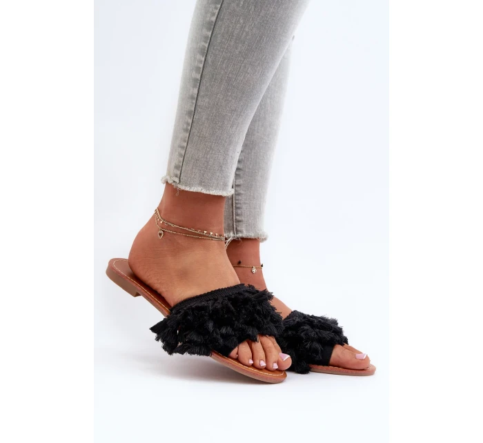 Dámské ploché pantofle s třásněmi, černá Rialle