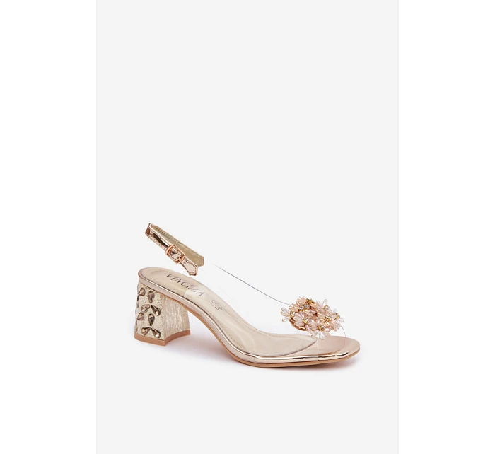 Průhledné sandály na podpatku s krystaly model 22102733 Zlaté - VINCEZA Průhledné sandály na podpatku s krystaly model 22102733 Zlaté - VINCEZA