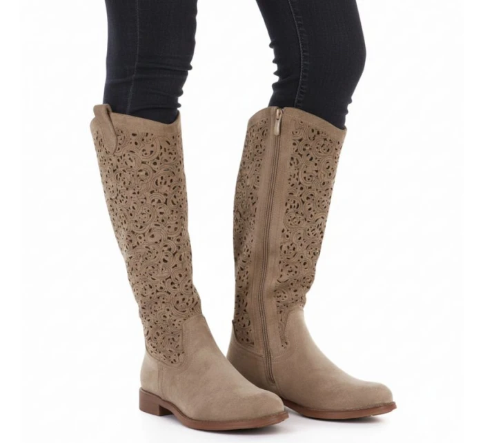 Béžové ažurové dámské kozačky model 22013131 - S.Barski