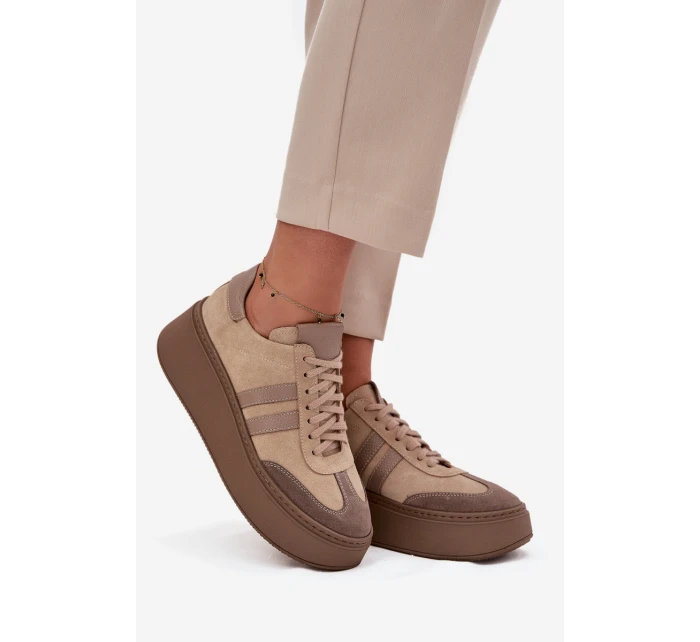 Kožené semišové dámské tenisky na platformě model 21713090 béžové - Zazoo