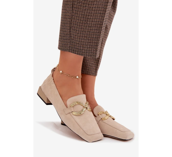 Dámské mokasíny z pravé nubukové kůže se zlatým detailem D&A CR61-3115 Béžové