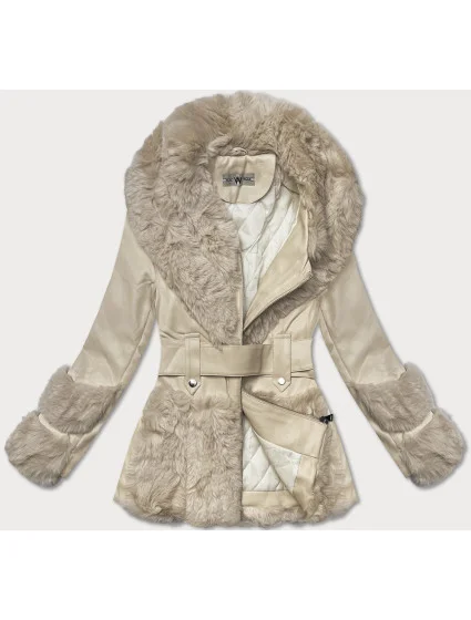 Dámská bunda z ekokůže v barvě ecru s límcem l 21248890 - WAY MODE