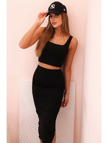 Dámský top a vroubkovaný sukně černý Dámský top a vroubkovaný sukně černý