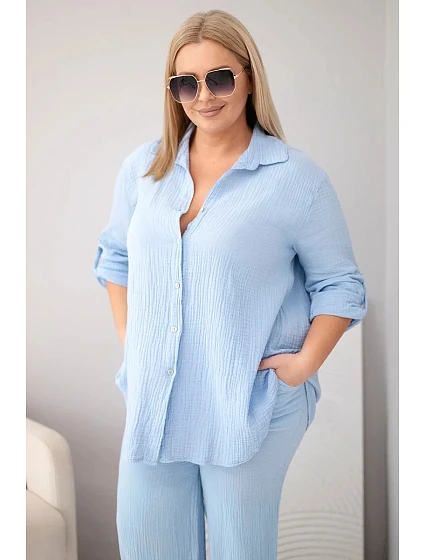 Dámský komplet Plus Size s košilí na knoflíky a s kalhotami se širokými nohavicemi modrý model 22069919 - K-Fashion Dámský komplet Plus Size s košilí na knoflíky a s kalhotami se širokými nohavicemi modrý model 22069919 - K-Fashion