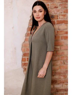 B280 Šaty s výstřihem do V - olivově zelené