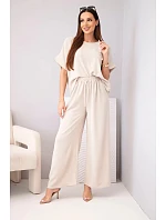 Dámský komplet z viskózy s ozdobným květem a širokými kalhotami béžový