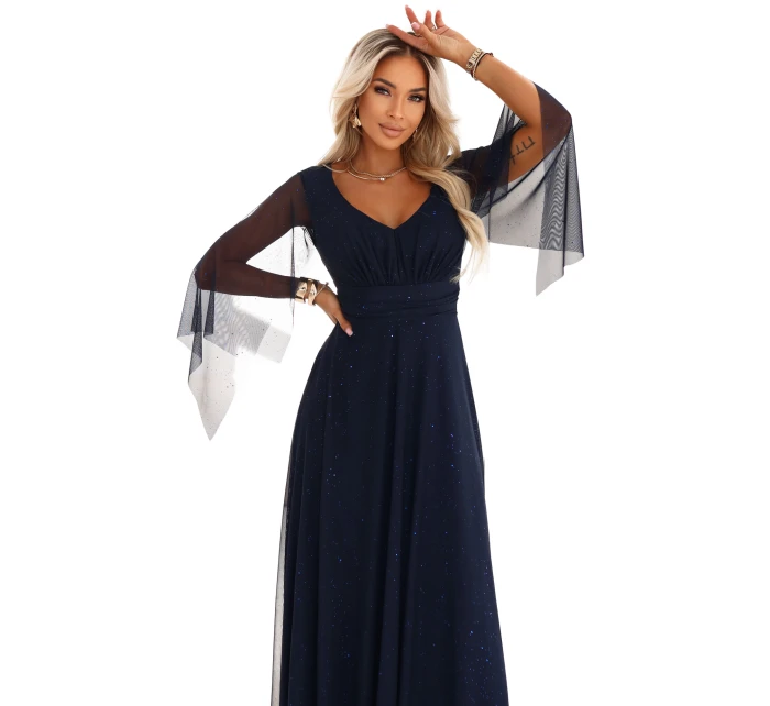 655-3 Dlouhé lehké třpytivé šaty s výstřihem a průhlednými rukávy - tmavě modré 655-3 Dlouhé lehké třpytivé šaty s výstřihem a průhlednými rukávy - tmavě modré