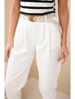 Dámské bavlněné kalhoty s vysokým pasem a páskem ecru