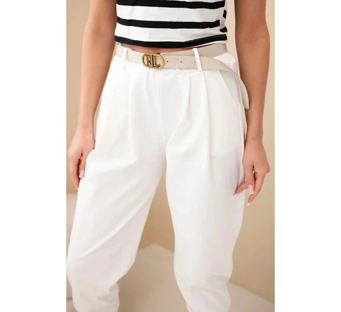 Dámské bavlněné kalhoty s vysokým pasem a páskem ecru