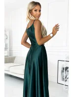 299-9 CHIARA elegantní maxi dlouhé saténové šaty bez ramínek - BOTTLE GREEN