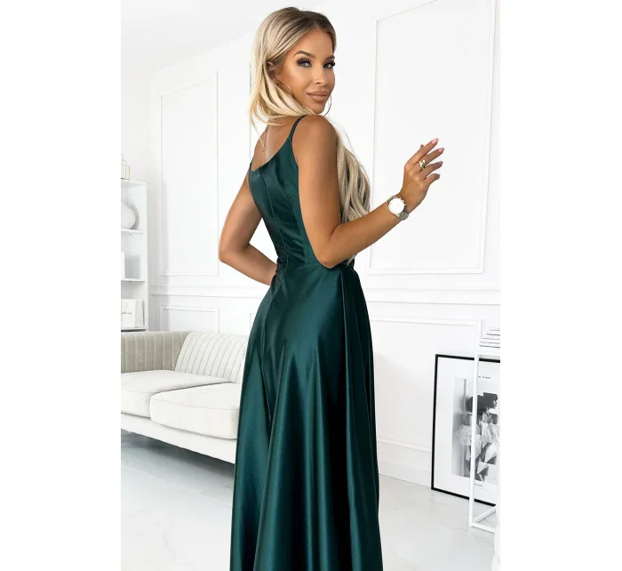 299-9 CHIARA elegantní maxi dlouhé saténové šaty bez ramínek - BOTTLE GREEN