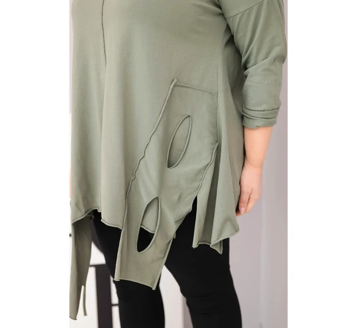 Dámská bavlněná blůza Plus Size s asymetrickým spodním lemem a výřezy khaki