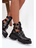 Lakované dámské kotníky s pásky a stříbrnými sponami Černé Helisse Lakované dámské kotníky s pásky a stříbrnými sponami Černé Helisse