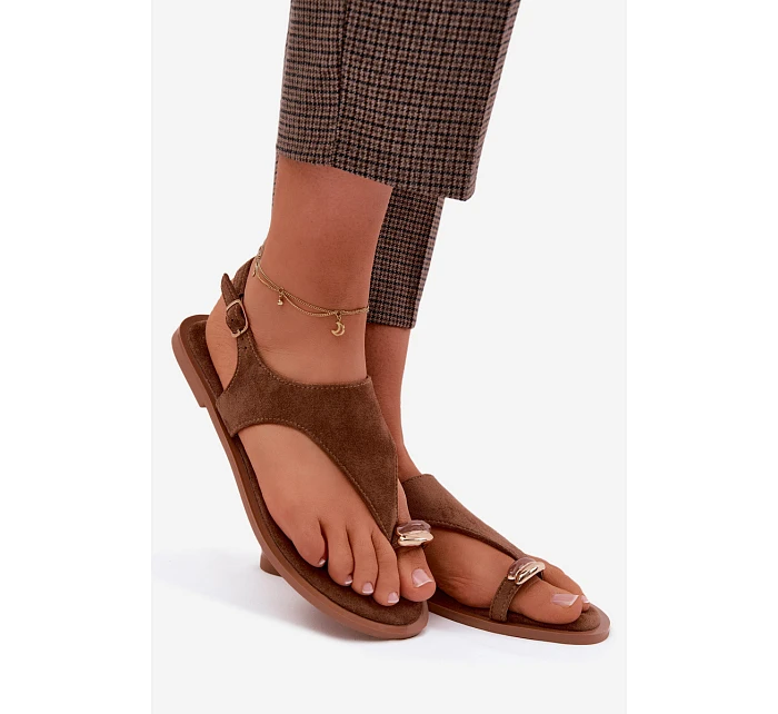 Dámské sandály Ploché S Zlatým Detalem Eko Semiš Hnědé Jelviane