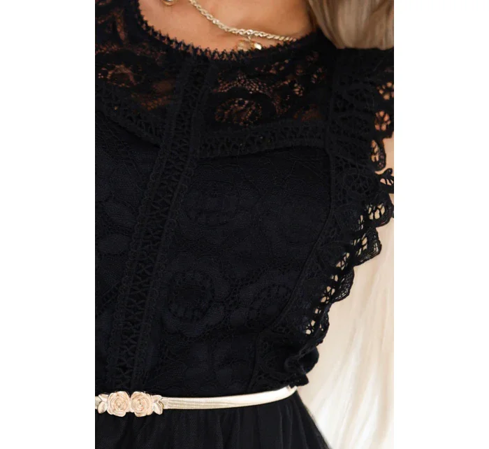 454-5 Krajkové šaty GRETA s tylovou sukní a zlatým páskem - ČERNÉ 454-5 Krajkové šaty GRETA s tylovou sukní a zlatým páskem - ČERNÉ