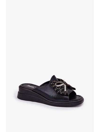 Dámské pantofle na klínu s mašlí – černé Moonzella Dámské pantofle na klínu s mašlí – černé Moonzella