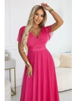 562-9 NASTIA Dlouhé šaty s výstřihem, kosticemi a krátkými rukávy - malinový sorbet