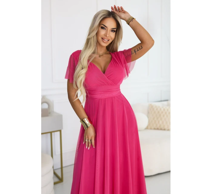 562-9 NASTIA Dlouhé šaty s výstřihem, kosticemi a krátkými rukávy - malinový sorbet