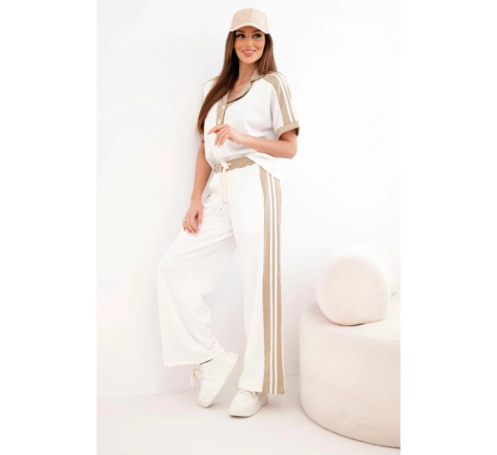 Dámský komplet s polo mikinou a širokými kalhotami máslový camelový