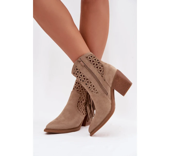 Dámské perforované kožené boty s kovbojským vzhledem na podpätku s třásněmi Béžové Calissey