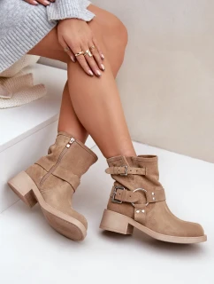 Semišové dámské kotníkové boty na nízkém blokovém podpatku s pásky Zazoo 3644 béžové