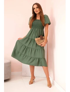 Dámské viskózové šaty s nabíranými rukávy a volánkovým topem khaki