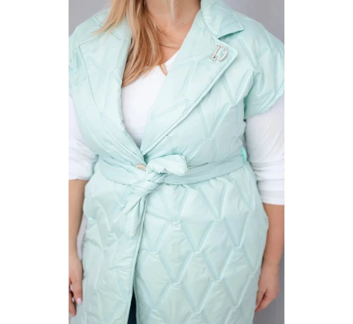 Dámská vesta Plus Size prošívaná s páskem a límcem mátová